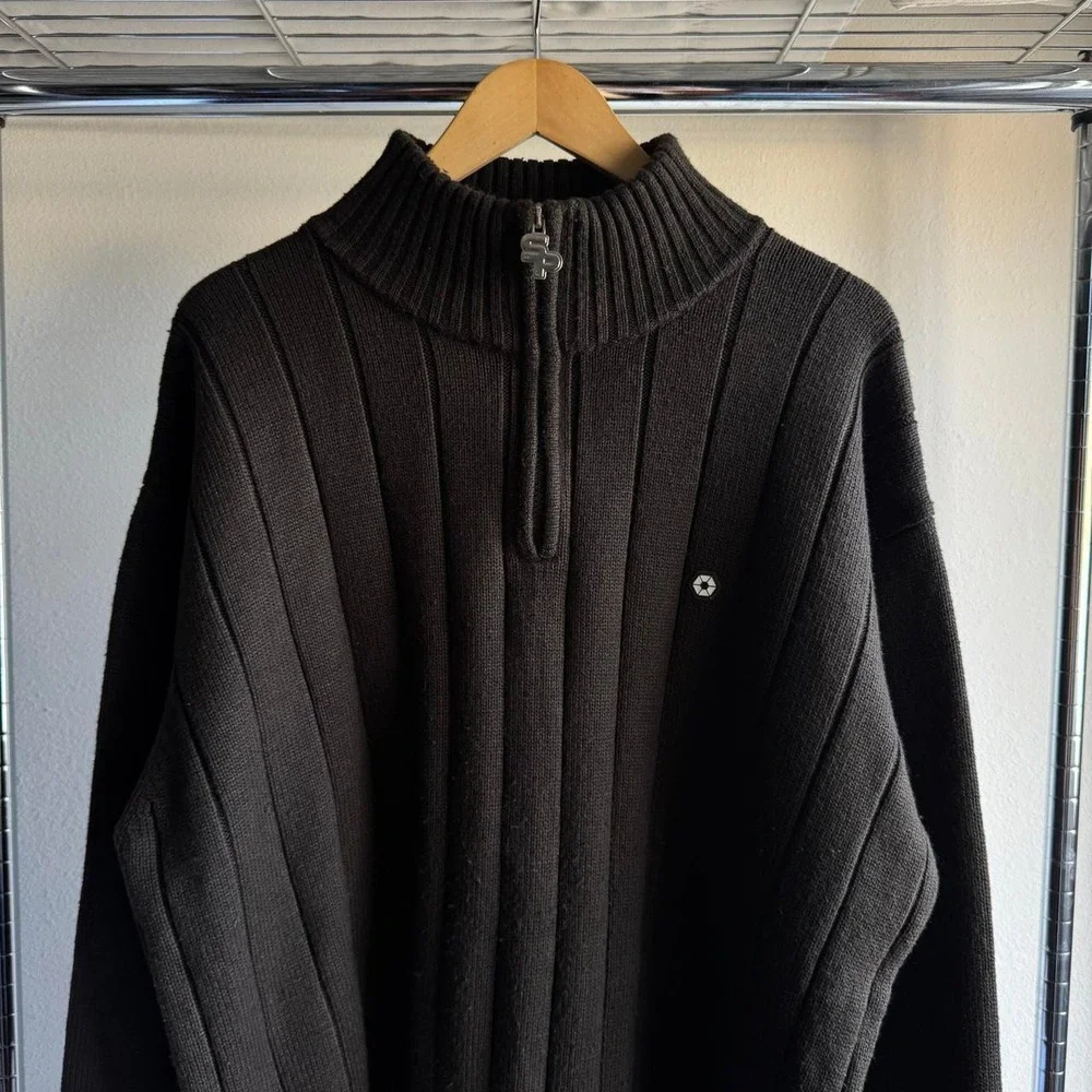 South Pole Mens 3XL Brown Ribbed Knit Quarter Zip Sweater Mock Neck Y2K Street